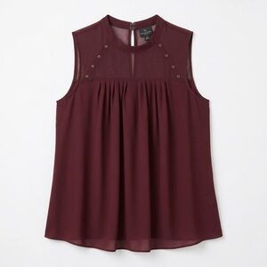 Worthington Maroon Sheer Neckline Sleeveless Blouse‎ Large Petite Studded Accent